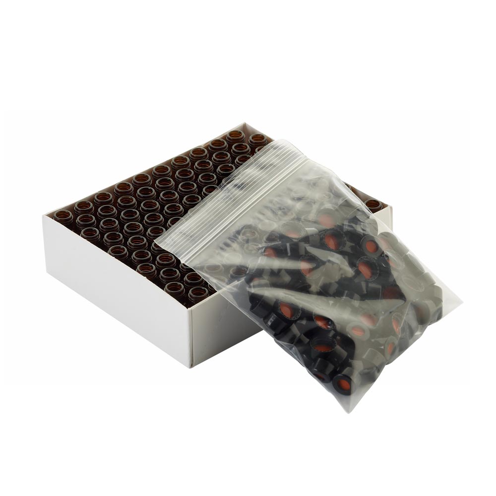 WHEATON 棕色瓶帶書寫膜 黑色瓶蓋 紅色PTFE/白色硅樹脂/紅色PTFE蓋墊 100個/盒