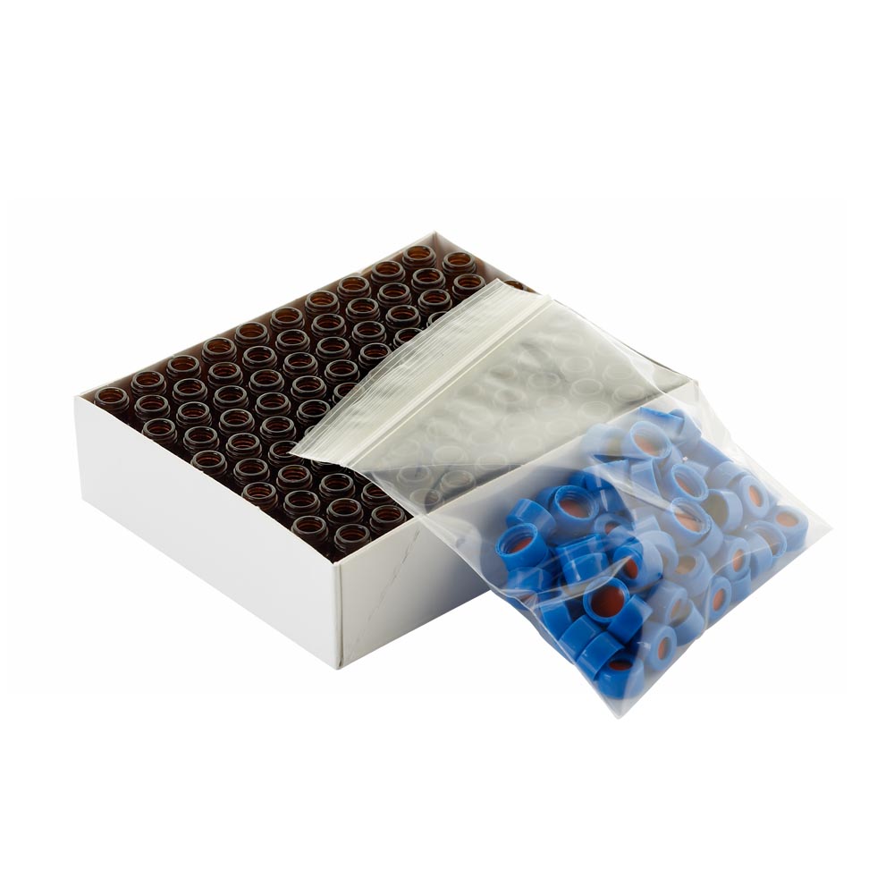 WHEATON 棕色瓶帶書寫膜 藍(lán)色瓶蓋 紅色PTFE/白色硅樹脂蓋墊 100個(gè)/盒